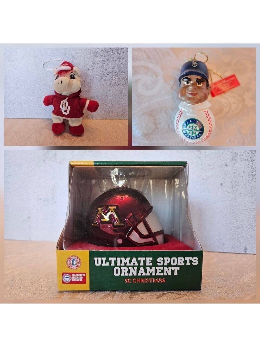 Sports Lovers Holiday Ornament Trio, NWT, NCAA Football and MLB